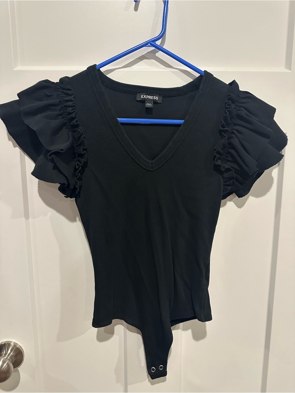 Express Black V-Neck Ruffle Sleeve Bodysuit